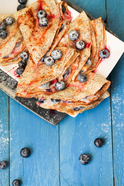 Poppyseed pancakes with blueberry cream cheese filling