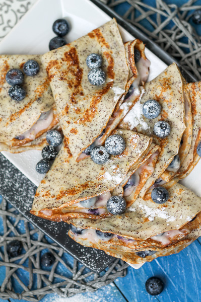 Poppyseed pancakes with blueberry cream cheese filling